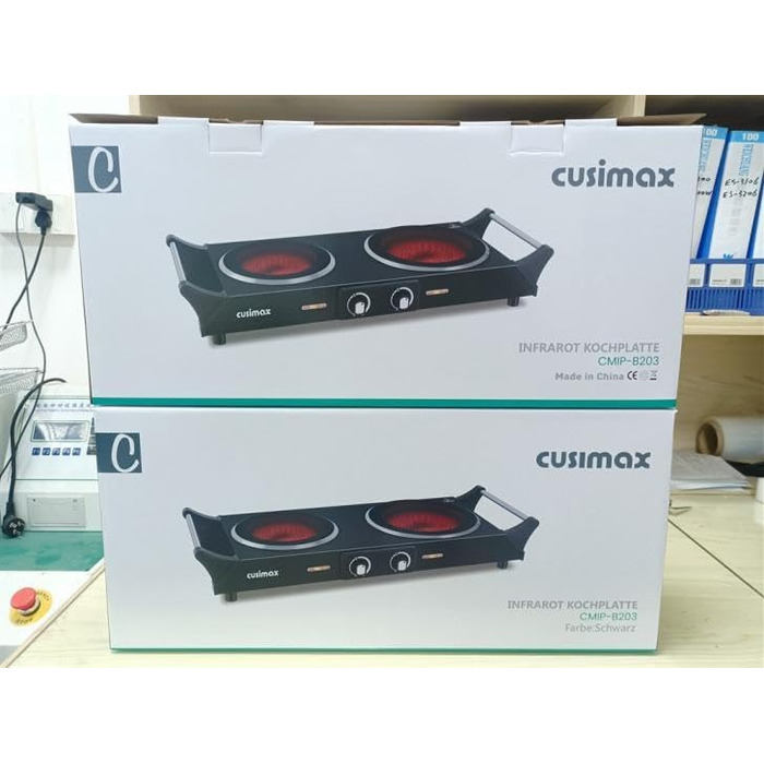 Електрична інфрачервона подвійна плита CUSIMAX 900Вт+1200Вт з терморегулятором, склокераміка, ручки для перенесення, 15см+18см, підходить для всіх типів посуду, чорна, 54x20x10см