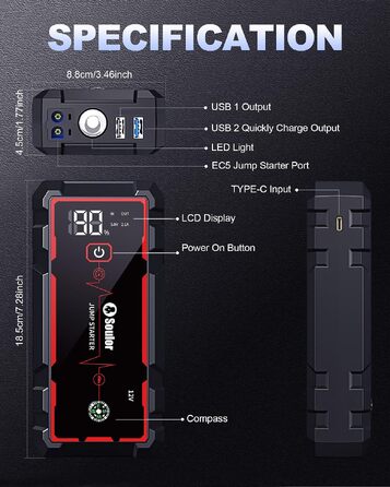 Бустер для автомобіля (Пусковий пристрій) 8000mAh, портативний акумулятор для запуску двигунів до 7.0L бензин та 5.0L дизель, 12V з ліхтариком (3 режими) та пусковими кабелями