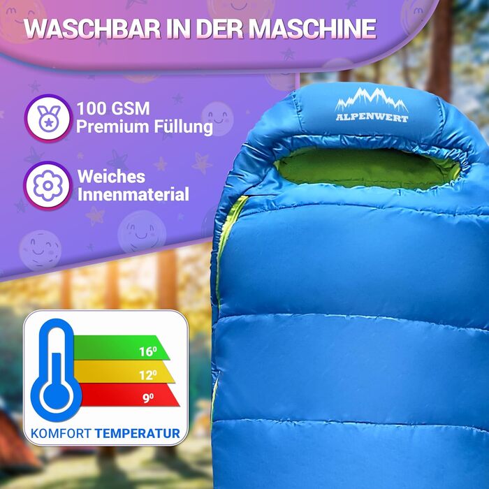 Дитячий літній спальний мішок ALPENWERT для дітей від 6 років (130–170 см), компактний мішок-кокон для кемпінгу та фестивалів, блакитний/неоново-жовтий