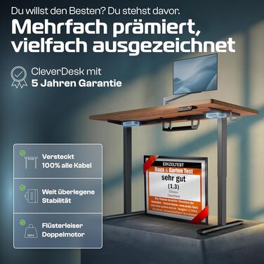 Електричний стіл CleverDesk 160x80 см з регулюванням висоти, чорний каркас, стільниця з дерева, 2x USB, кабель-канал - Переможець тесту!