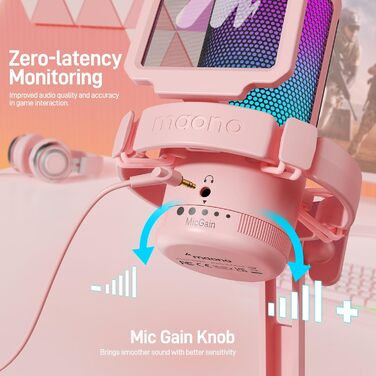 MAONO Ігровий конденсаторний мікрофон для ПК, шумозаглушення, USB, для стрімінгу, подкастів, студії, з RGB підсвічуванням, для PS5/PS4/Mac, сенсорна кнопка вимкнення, регулятор гучності, рожевий