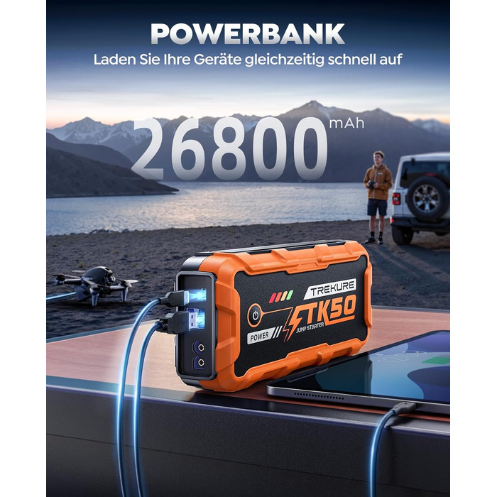 Бустер для автомобіля Starthilfe Powerbank 9000A 26800mAh — Пусковий пристрій для бензинових та дизельних двигунів (до 12.0L), 12V з ліхтарем 800 Лм та USB-портами, помаранчевий