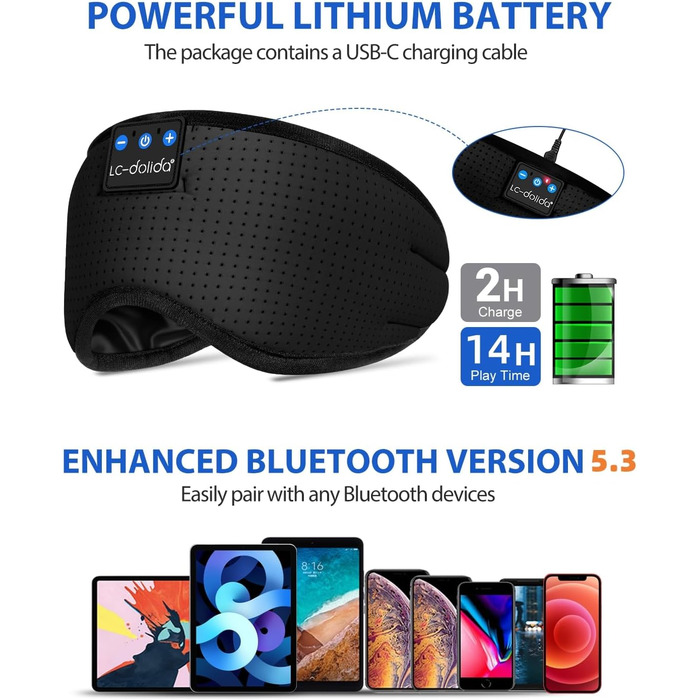 LC-dolida маска для сну з Bluetooth-навушниками, маска для сну для жінок і чоловіків, бавовняна очна маска, що переться, з мікрофоном для подорожей, сну, йоги, медитації