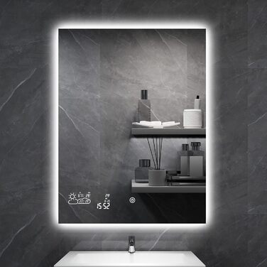 Дзеркало для ванної кімнати LED ByeCold 60x80 см з підсвічуванням, антизапарювання, WiFi, погода та дата, сенсорне управління