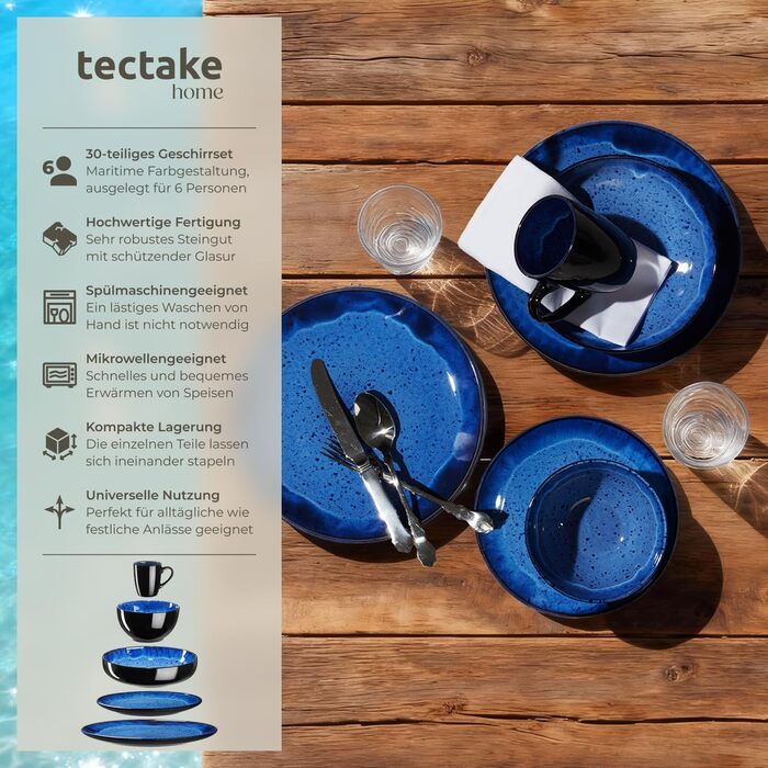 Набір посуду Tectake 30 предметів для 6 осіб, керамічний, блакитний (Nautic Blue)