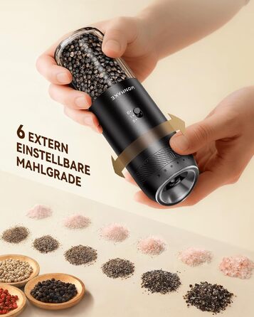 Набір електричних млинків для солі та перцю WONMAKE з підсвіткою LED, зарядним пристроєм, 6 рівнями помолу та 2 швидкостями, 176 мл, чорний