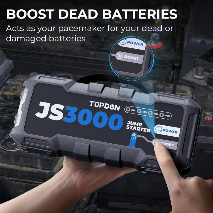Powerbank TOPDON JS3000 для запуску авто: 12V, 3000A, 24000mAh, для бензинових та дизельних двигунів до 9.0L та 7.0L відповідно