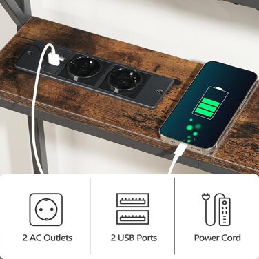 Консольний стіл MAHANCRIS 100 см, вузький приставний стіл з 2 розетками та 2 USB-портами, двоярусний стіл у передпокій, вітальню або спальню, колір вінтажний коричневий, ACTHR115UE01