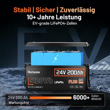 Акумулятор LiFePO4 Humsienk 24V 200Ah (5120Wh) для сонячних станцій та RV, з BMS 250A, IP65, висока потужність 6400W