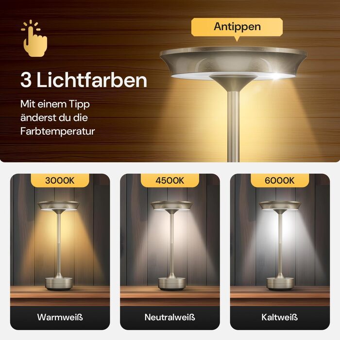 LED настільна лампа Designgold бездротова з акумулятором - стильний дизайн, 3 кольори світла, регулювання яскравості, для дому та на вулицю, срібна