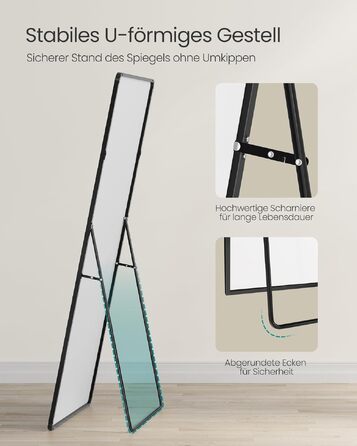 Дзеркало підлогове SONGMICS 160x50 см, чорне, в алюмінієвій рамі, скло високої якості для спальні, вітальні, передпокою