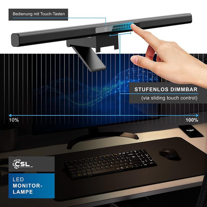 LED-лампа для монітора CSL Screenbar USB з пультом, регулювання яскравості, 3 колірні температури, захист очей, поворотна