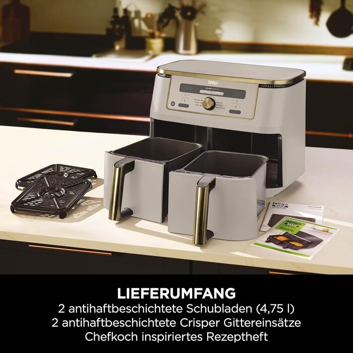 Фритюрниця Ninja Dual Zone Digital Air Fryer 9.5L, 6-в-1, 2 відсіки, Stone/Gold DZ400EUSTGD