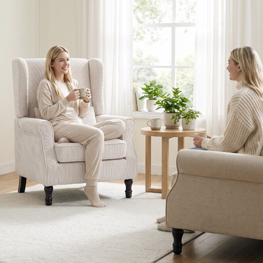 Крісло-вушатка з підлокітниками, велюрове лаунж-крісло з поперековою подушкою та високою спинкою, бежеве