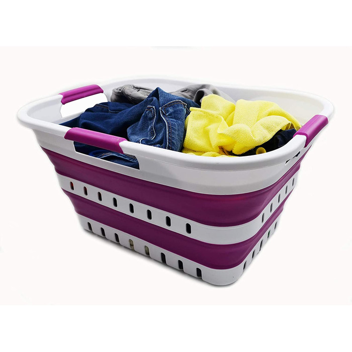 Складаний пластиковий кошик для білизни SAMMART 30 л з 3 ручками, біло-фіолетовий, органайзер для прання, портативний контейнер
