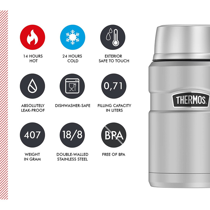 Термос для їжі Thermos STAINLESS KING 0,71 л з нержавіючої сталі, зберігає тепло 14 годин і холод 24 години, герметичний, великий харчовий контейнер для супу, мюслі, страв, підходить для миття в посудомийній машині, без ложки