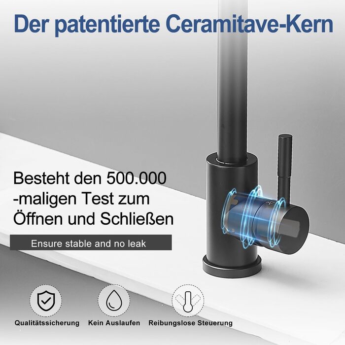Змішувач кухонний GENBONS з нержавіючої сталі, поворотний на 360°, L-подібний, одноричажний, для мийки, матовий чорний