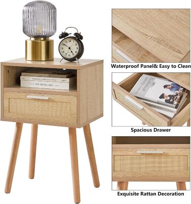 IBUYKE приліжкова тумба з ротангу Boho з шухлядою та відкритою полицею, дерев'яна акцентна тумбочка на ніжках для спальні, вітальні та малих приміщень, чорна