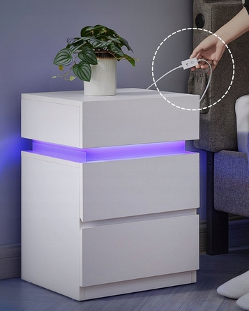 Приліжкова тумба Songmics біла, 3 шухляди, з LED-підсвіткою