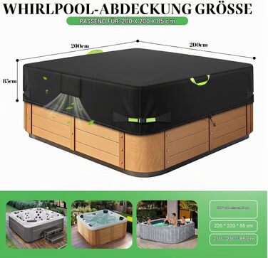 Водонепроникний чохол для гідромасажного джакузі Whirlpool з тканини Oxford 600D, термопокривало для SPA та Hot Tub з UV-захистом (чорний, 200x200x85 см)