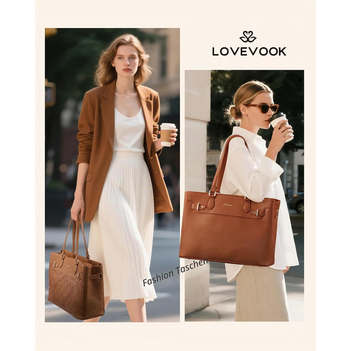 Жіноча сумка-шопер LOVEVOOK для ноутбука 15.6 дюймів, eleganтна робоча сумка з екошкіри (PU), велика сумка для вчителів, офісу та бізнесу, жовто-коричнева