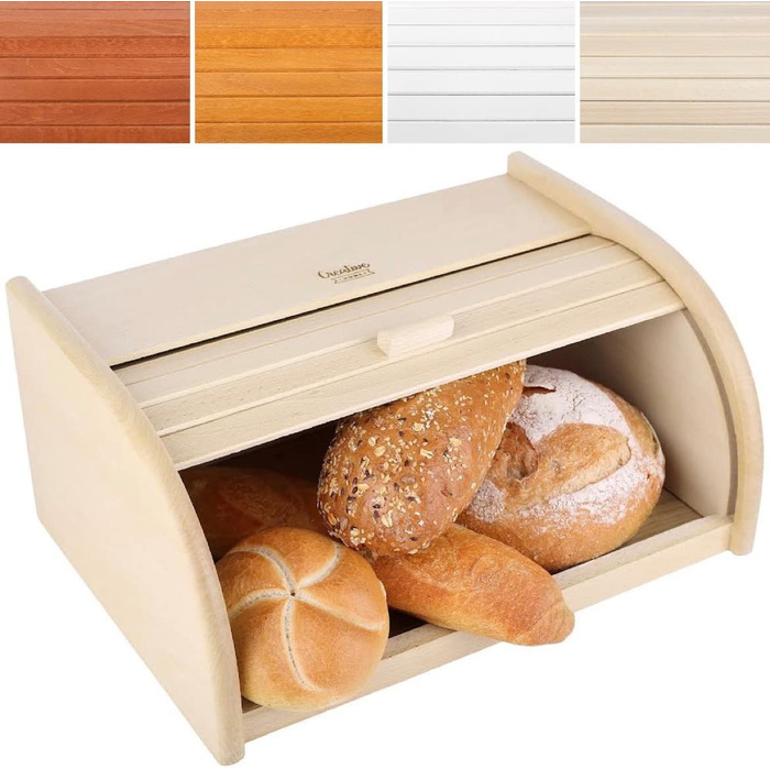 Дерев'яний хлібниця з роликовою кришкою Creative Home, 38x28,5x17,5 см, натуральна, для хліба, булочок та випічки, стильна хлібна скриня для кухні
