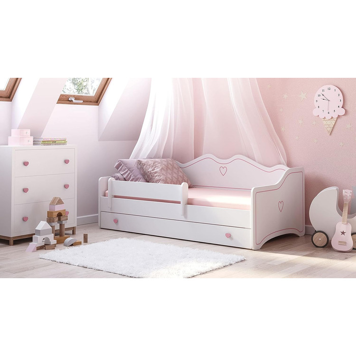 Дитяче ліжко Kids Collective 80x160 см з висувним ліжком і двома матрацами, захист від падіння, трансформер, біло-рожеве, для дівчаток, принцеса, диван-ліжко