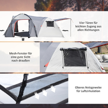 Outsunny Camping Tent 5-місний тунельний намет зі спальнею, сумка для перенесення, водяний стовп 2000 мм, сітчасте вікно, сірий