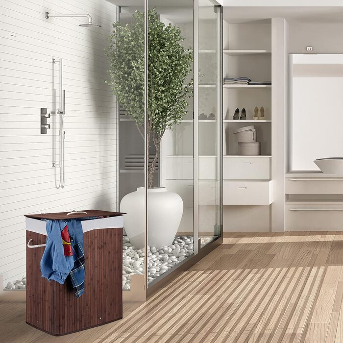 Бамбуковий кошик для білизни Relaxdays з кришкою, прямокутний, 2 секції, 95 л, складаний, коричневий, 63x55x35 см