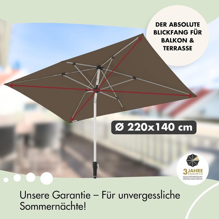Сонячна парасолька Doppler для саду SL-AZ Auto Tilt 220x140 см, світло-сіра, алюмінієва, з нахилом, з ручкою, поліестер, UV-захист 80+, водовідштовхувальна