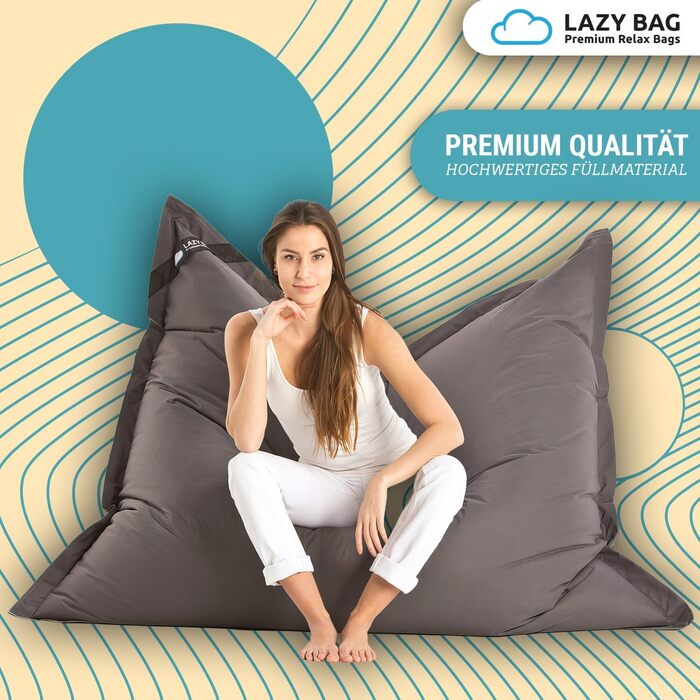 Великий крісло-мішок LAZY BAG Classic XXL 140x180 см, 2-в-1 для сидіння та лежання, наповнювач EPS, знімний нейлоновий чохол, темно-сірий, для дому та вулиці