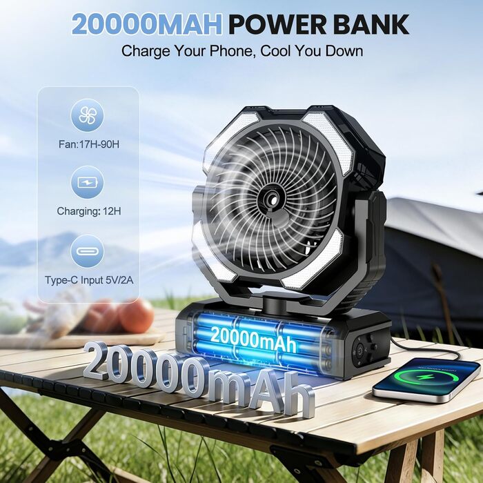 Вентилятор портативний Ateroll 20000 mAh з розпилювачем, USB, пультом ДК, LED, гачком для підвішування. Для кемпінгу, дому, тераси, подорожей - Чорний