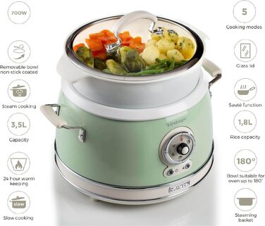 Мультиварка Ariete Vintage 2904 блакитна 3.5л для рису, приготування на пару, повільного приготування з керамічним антипригарним покриттям 650W
