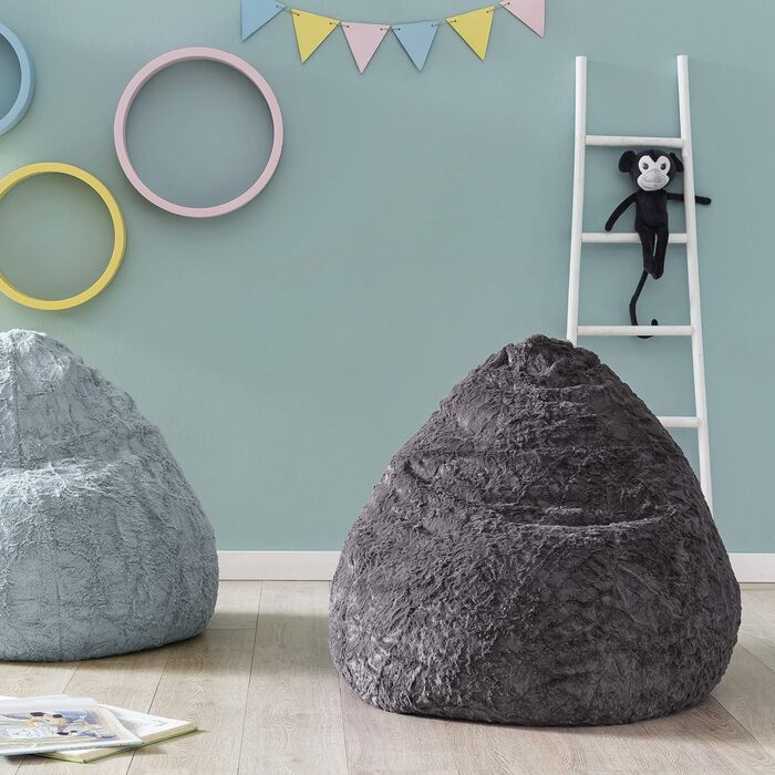 Дитячий пуф Lumaland Fluffy, 60x45 см, м'який плюш, знімний чохол, сірий, 120 л – сидіння для дівчаток і хлопчиків