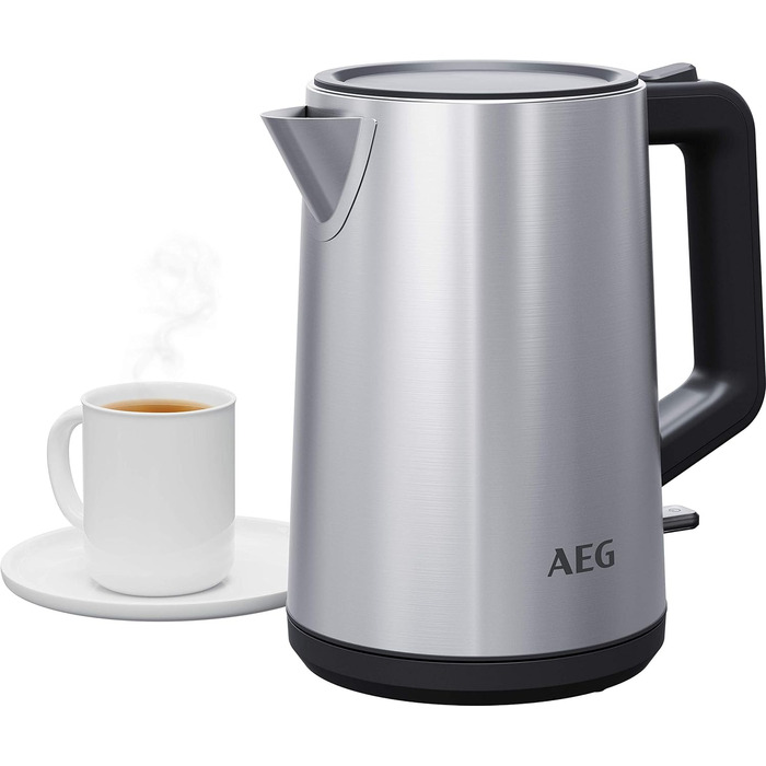 Електрочайник AEG K4-1-4ST, 1,7 л, нержавійка, індикатор рівня води, захист від крапель, знімний фільтр від накипу, потрійний захист, управління однією рукою