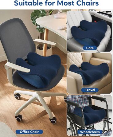Ортопедична подушка для сидіння Feagar з Memory Foam - ергономічна подушка для офісного крісла, авто та дому - подушка для куприка, зняття напруги при тривалому сидінні, антиковзаюча (до 100 кг) (Темно-синій)
