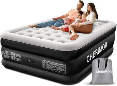 Самонадувний матрац CHERIMOR для 2 осіб, повітряне ліжко 203x152x46 см, чорне (BLA), витримує до 360 кг, з сумкою для перенесення, для дому та кемпінгу