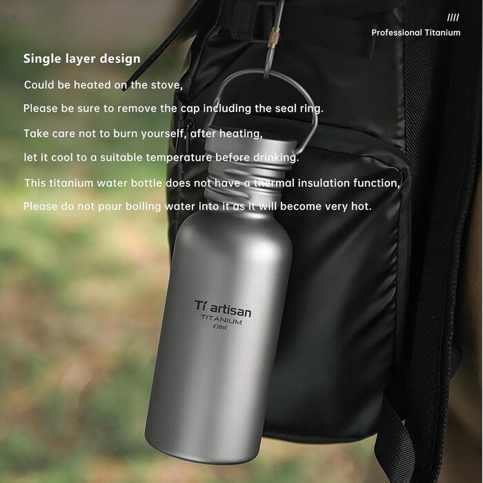 Титанова фляга Ti Artisan Titan-Trinkflasche 430 мл: спортивна, легка, герметична для кемпінгу, туризму, велоспорту