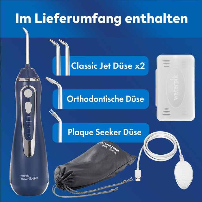 Waterpik Advanced Бездротова Іригатор для Рота, Тестер-Переможець 2024, Технологія Precision Pulse, До 99,9% Видалення Нальоту, 4 Насадки, 3 Режими, Індукційна Зарядка, Білий (Cordless Advanced Blue)