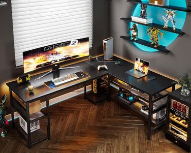 Кутовий комп'ютерний стіл ODK, L-подібний, з розетками і USB, чорний, 168×120 см, з великим простором для зберігання