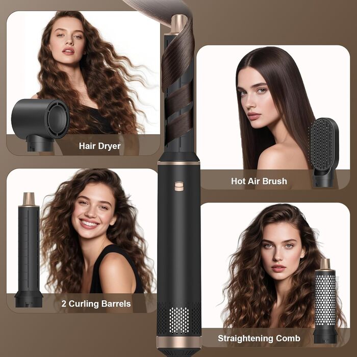 Hairstyler 5 в 1: Професійний набір для укладки волосся з автозавитками, феном, йонною щіткою, випрямлячем та щіткою для об'єму. Для всіх типів волосся.