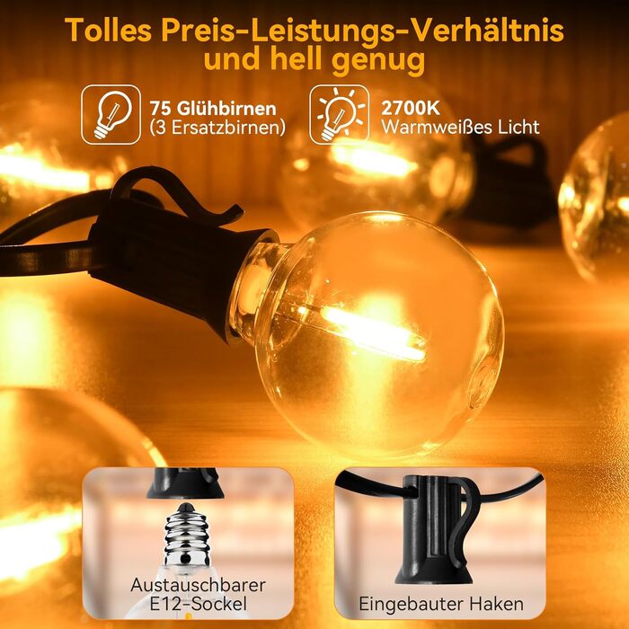 Гірлянда світлодіодна AVANLO для вулиці 30.4м, 100 LED, водонепроникна, G40, для саду, балкону, весіль, вечірок