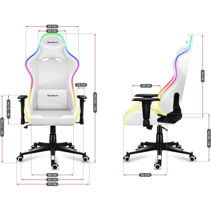 Ігрове крісло Huzaro Force 6.2 Біле з RGB LED підсвіткою, екошкіра, тканина, карбон, ергономічне, регульована висота, підголівник, поперекова підтримка, навантаження до 130 кг, офісне крісло