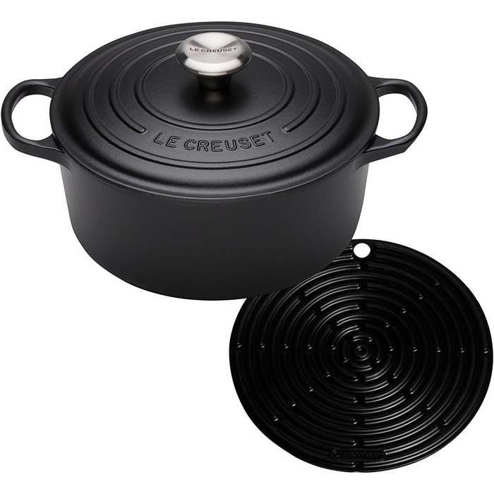 Чавунний круглий жаровник Le Creuset Signature 20 см, чорний + силіконовий круглий прихват Le Creuset, чорний