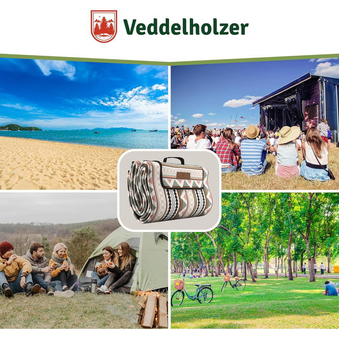 Водонепроникна пляжний коврик Veddelholzer Boho 200 x 200 см, ізольована підстилка для пікніка, кемпінгу та парку, стійка до піску