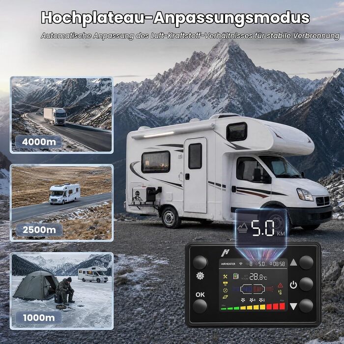 Автономний дизельний обігрівач повітря HCALORY 8кВт, 12V/24V DC та 220-240V AC з керуванням через додаток APP та адаптером, білий
