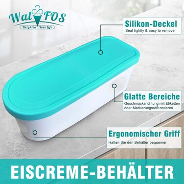 Контейнер для морозива Walfos® 1.5л, 2 шт., багаторазовий, з силіконовою кришкою, для домашнього морозива та йогурту, штабельовані