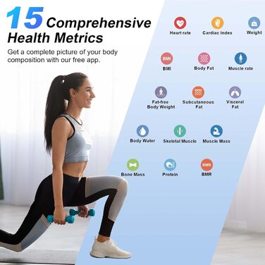 Healthkeep Ваги для вимірювання жиру, м'язової маси та аналізу 15 параметрів тіла, з вимірюванням пульсу, цифровий великий VA-екран, синхронізація з додатком iOS/Android, темно-бірюзовий