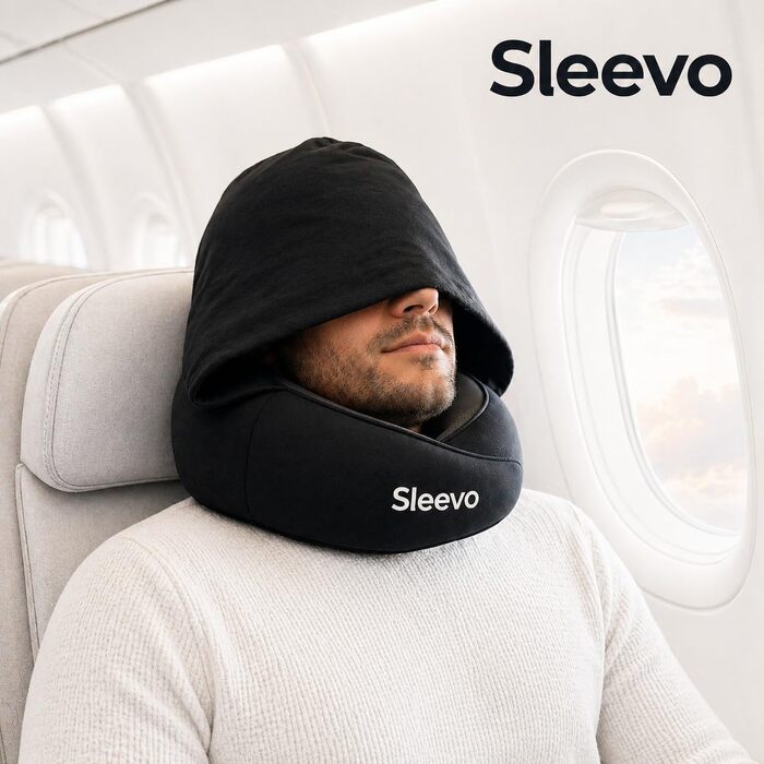 Ергономічна подушка для подорожей з ефектом пам'яті (Memory Foam) та капюшоном-маскою для сну, сіра (розмір M)