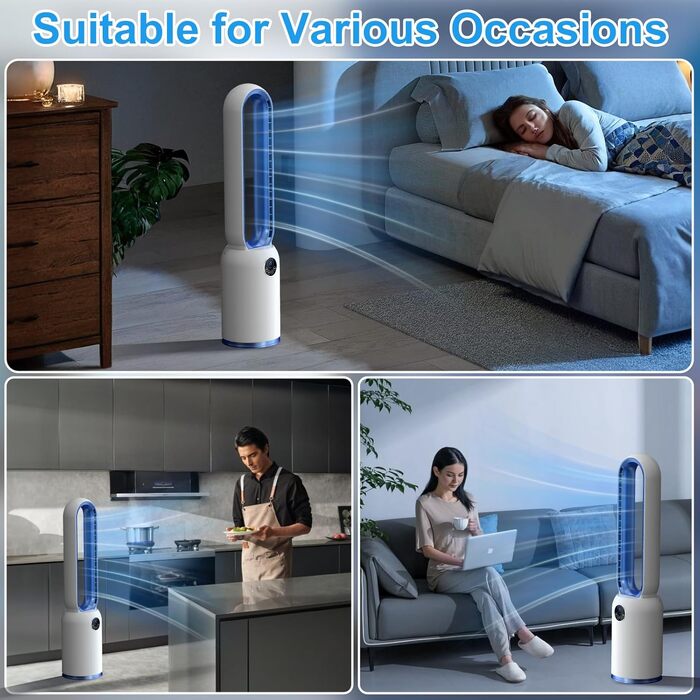 Безлопатевий вентилятор Turmventilator 88 см, з LED-дисплеєм, пультом, таймером 12 год, 90° осциляція для спальні/офісу (синій)
